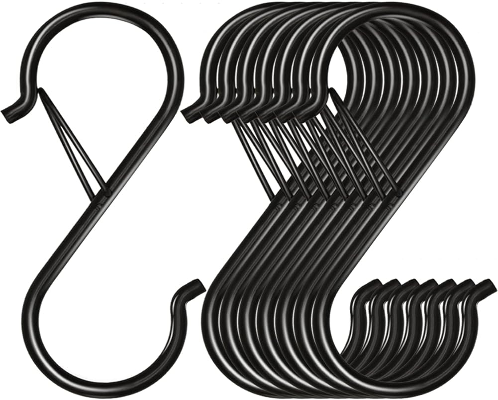 Pacote com 8 ganchos S para pendurar, ganchos S de metal resistente de 3,5 polegadas com fivela de segurança, ganchos em forma de S, ganchos para armários, suporte para vasos, roupas, utensílios de cozinha, potes, panelas, bolsas (preto) Pacote com 8 ganchos S para pendurar, ganchos S de metal resistente de 3,5 polegadas com fivela de segurança, ganchos em forma de S, ganchos para armários, suporte para vasos, roupas, utensílios de cozinha, potes, panelas, bolsas (preto)