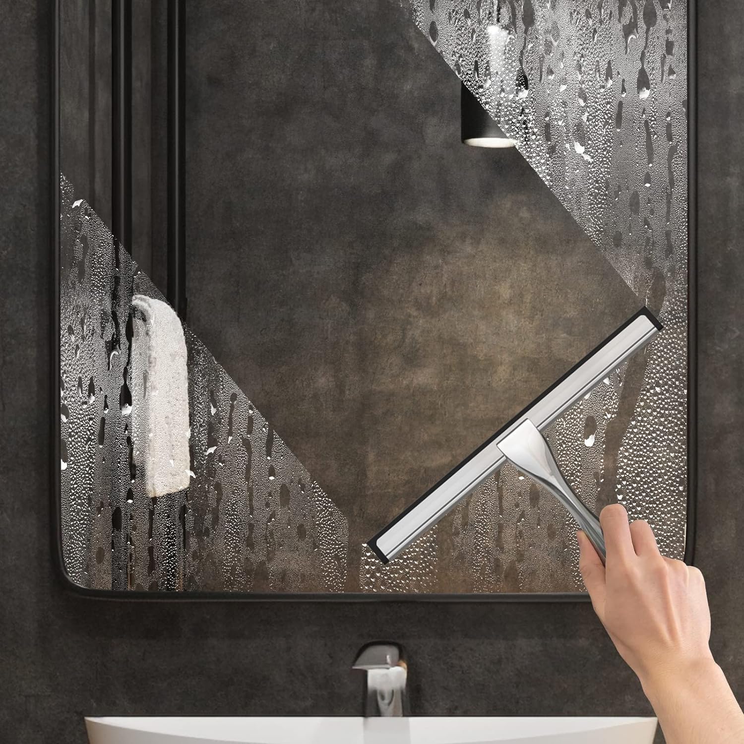10 Inch Silver All-Purpose Stainless Steel Shower Squeegee for Shower Glass Door with 2 Adhesive Hooks, Bathroom Cleaner Tool Household Window Mirror Squeegee , Cleaning Tile Wall, Car 10 Inch Silver All-Purpose Stainless Steel Shower Squeegee for Shower Glass Door with 2 Adhesive Hooks, Bathroom Cleaner Tool Household Window Mirror Squeegee , Cleaning Tile Wall, Car