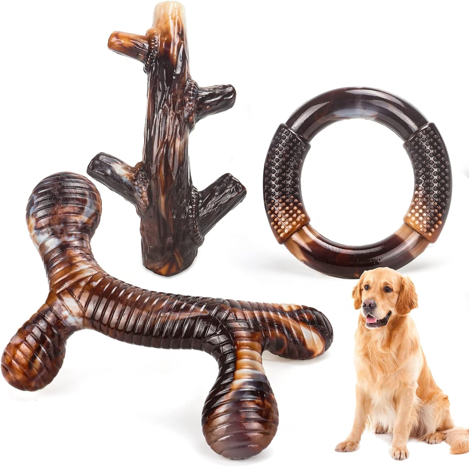 Brinquedos para cães, pacote com 3 brinquedos de mastigar indestrutíveis para cães para mastigadores agressivos, brinquedos de mastigar de nylon resistente e duráveis com sabor de bacon real para raças de cães grandes, médios e pequenos (marrom1)