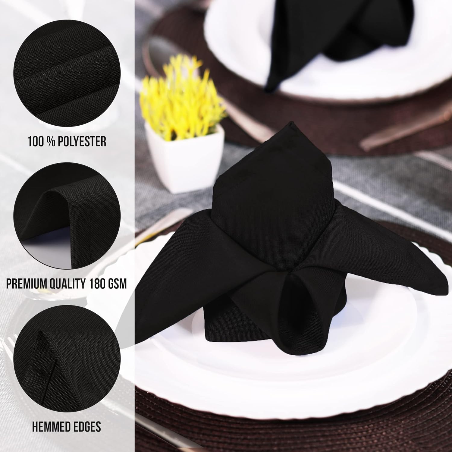 Black Cloth Napkins (12 Pack, 20x20 Inches), Ideal Dinner Napkins for Party, Wedding and Lunch/Dinner Black Cloth Napkins (12 Pack, 20x20 Inches), Ideal Dinner Napkins for Party, Wedding and Lunch/Dinner