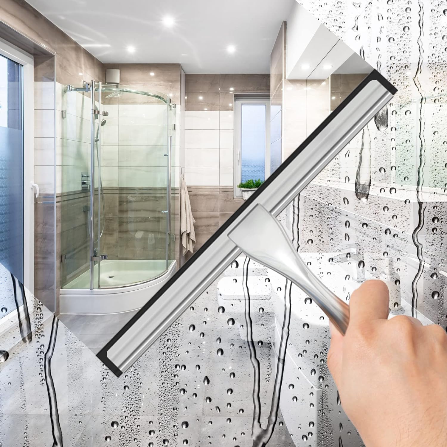 10 Inch Silver All-Purpose Stainless Steel Shower Squeegee for Shower Glass Door with 2 Adhesive Hooks, Bathroom Cleaner Tool Household Window Mirror Squeegee , Cleaning Tile Wall, Car 10 Inch Silver All-Purpose Stainless Steel Shower Squeegee for Shower Glass Door with 2 Adhesive Hooks, Bathroom Cleaner Tool Household Window Mirror Squeegee , Cleaning Tile Wall, Car