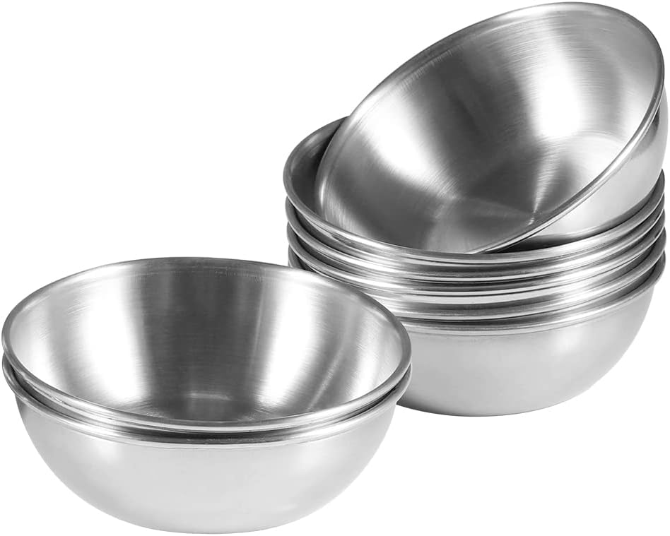 Pacote com 8 pratos de molho de aço inoxidável de 3,2 polegadas, mini pires individuais, tigelas redondas para temperos, tigelas para mergulhar sushi, pratos de aperitivos, prata  Pacote com 8 pratos de molho de aço inoxidável de 3,2 polegadas, mini pires individuais, tigelas redondas para temperos, tigelas para mergulhar sushi, pratos de aperitivos, prata