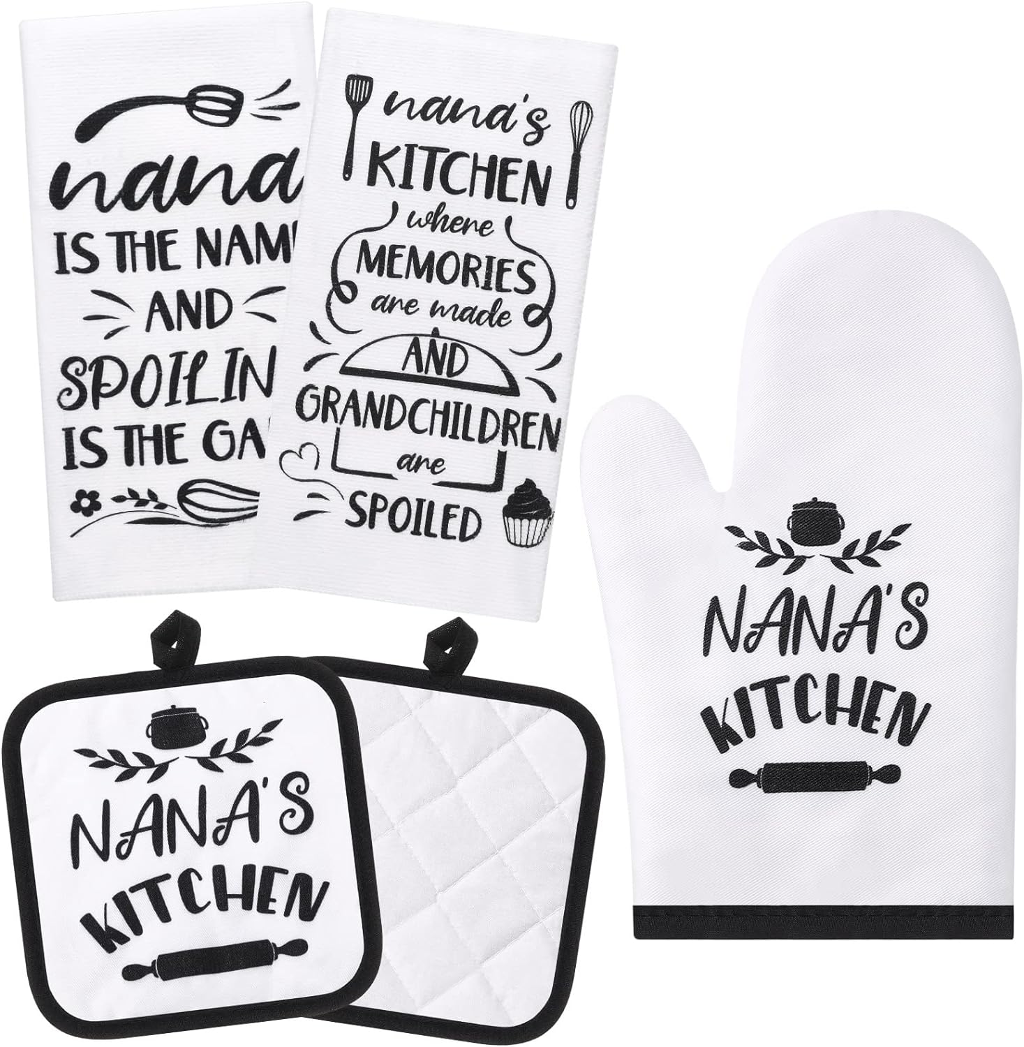 Conjunto de cozinha Nana de 5 peças, inclui 2 toalhas de prato Nana, 2 almofadas de forno Nana, suporte de panela, luva de forno Nana, presente de Nana para casa, aniversário, cozinha, cozimento, assar (estilo Nana)  Conjunto de cozinha Nana de 5 peças, inclui 2 toalhas de prato Nana, 2 almofadas de forno Nana, suporte de panela, luva de forno Nana, presente de Nana para casa, aniversário, cozinha, cozimento, assar (estilo Nana)