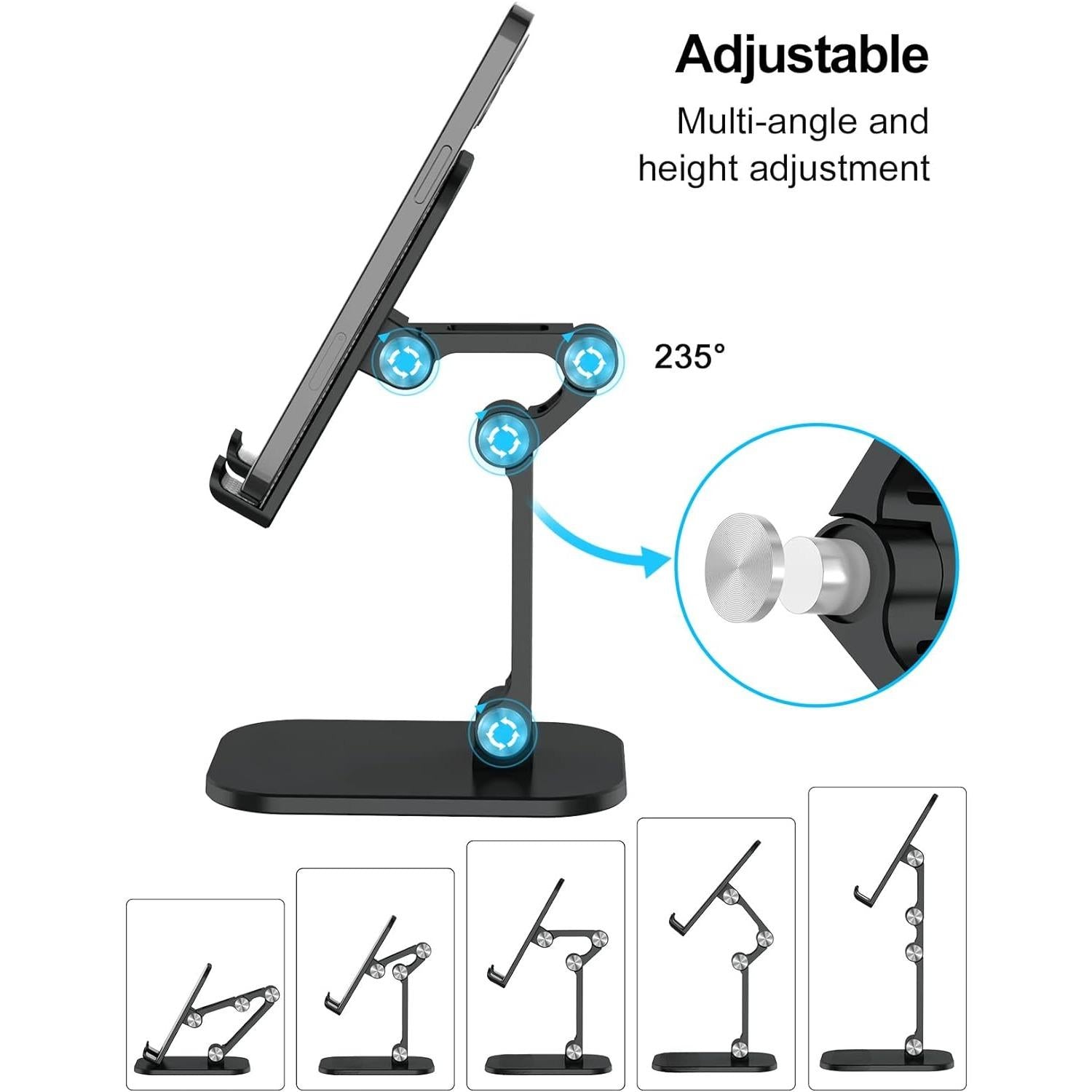 Suporte para telefone, altura e ângulo ajustáveis, suporte para telefone celular para mesa, suporte dobrável, suporte para telefone mais alto, compatível com todos os telefones celulares/pads/tablets de 4 a 11 polegadas - preto  Suporte para telefone, altura e ângulo ajustáveis, suporte para telefone celular para mesa, suporte dobrável, suporte para telefone mais alto, compatível com todos os telefones celulares/pads/tablets de 4 a 11 polegadas - preto