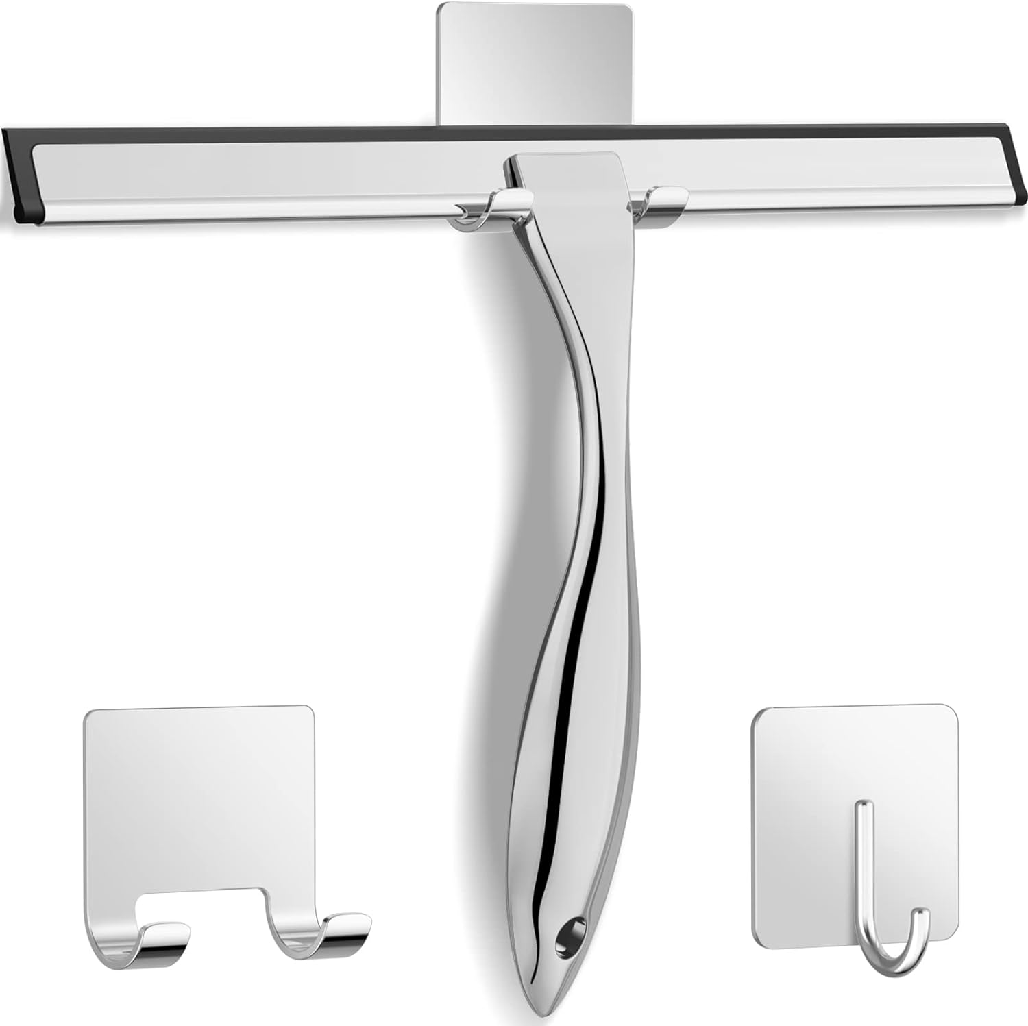 10 Inch Silver All-Purpose Stainless Steel Shower Squeegee for Shower Glass Door with 2 Adhesive Hooks, Bathroom Cleaner Tool Household Window Mirror Squeegee , Cleaning Tile Wall, Car 10 Inch Silver All-Purpose Stainless Steel Shower Squeegee for Shower Glass Door with 2 Adhesive Hooks, Bathroom Cleaner Tool Household Window Mirror Squeegee , Cleaning Tile Wall, Car