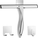 10 Inch Silver All-Purpose Stainless Steel Shower Squeegee for Shower Glass Door with 2 Adhesive Hooks, Bathroom Cleaner Tool Household Window Mirror Squeegee , Cleaning Tile Wall, Car