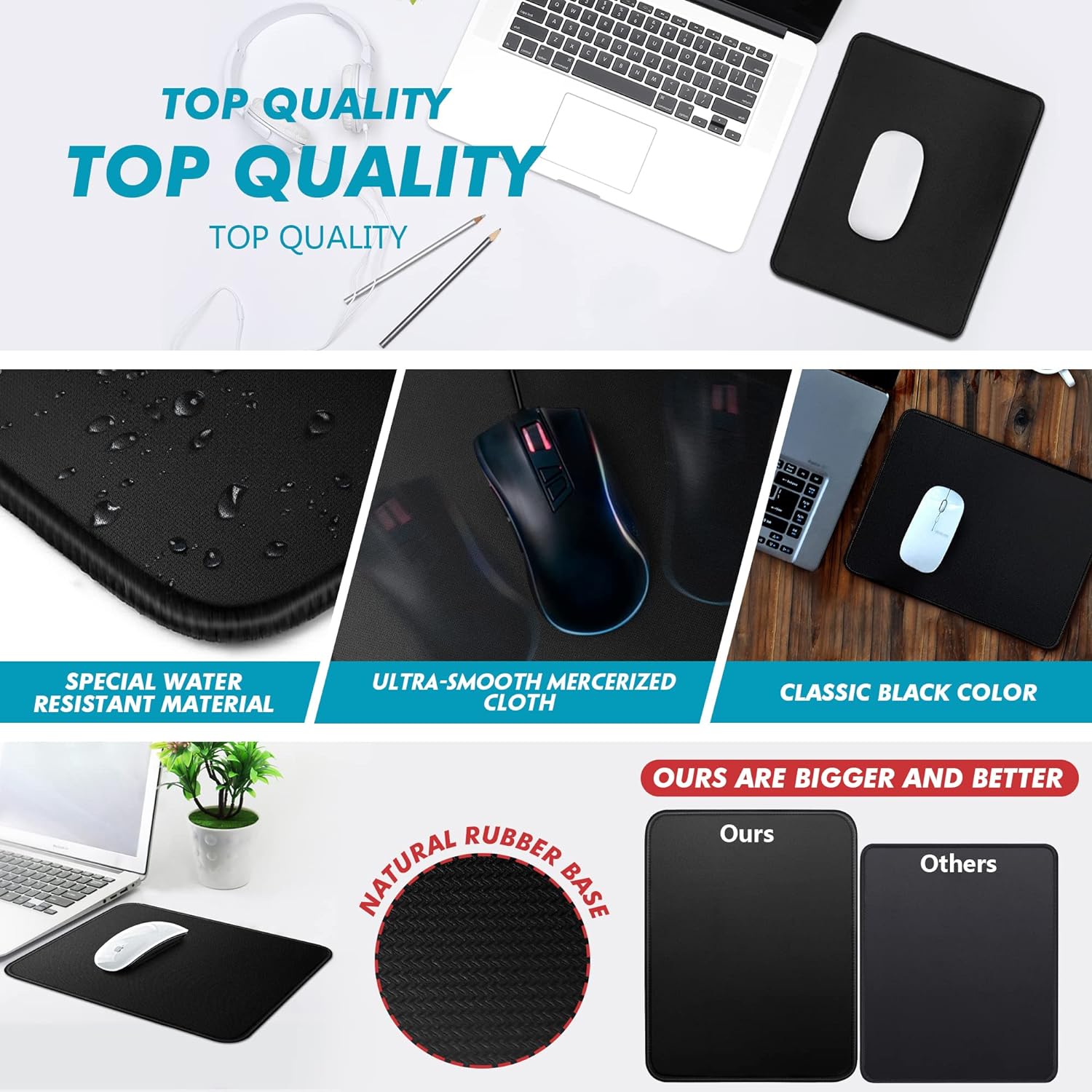 Black Mouse Pad 11 x 8 3/4 x 1/8 in. Basic Big Mouse Pad with Stitched Edges and Non-Slip Rubber Base, Waterproof Black Mouse Pad 11 x 8 3/4 x 1/8 in. Basic Big Mouse Pad with Stitched Edges and Non-Slip Rubber Base, Waterproof