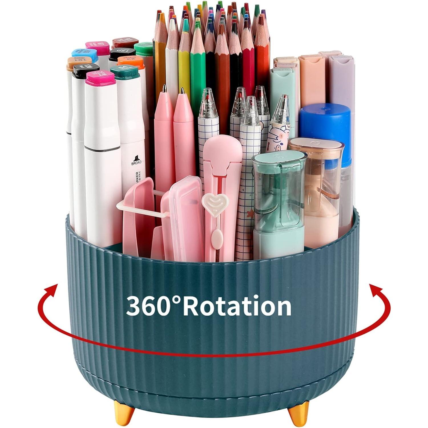 Porta-canetas de mesa, 5 compartimentos, organizadores de canetas giratórios de 360° para mesa, organizador de suprimentos de papelaria de armazenamento de mesa, lindo porta-lápis para escritório, escola, casa, material de arte, verde escuro