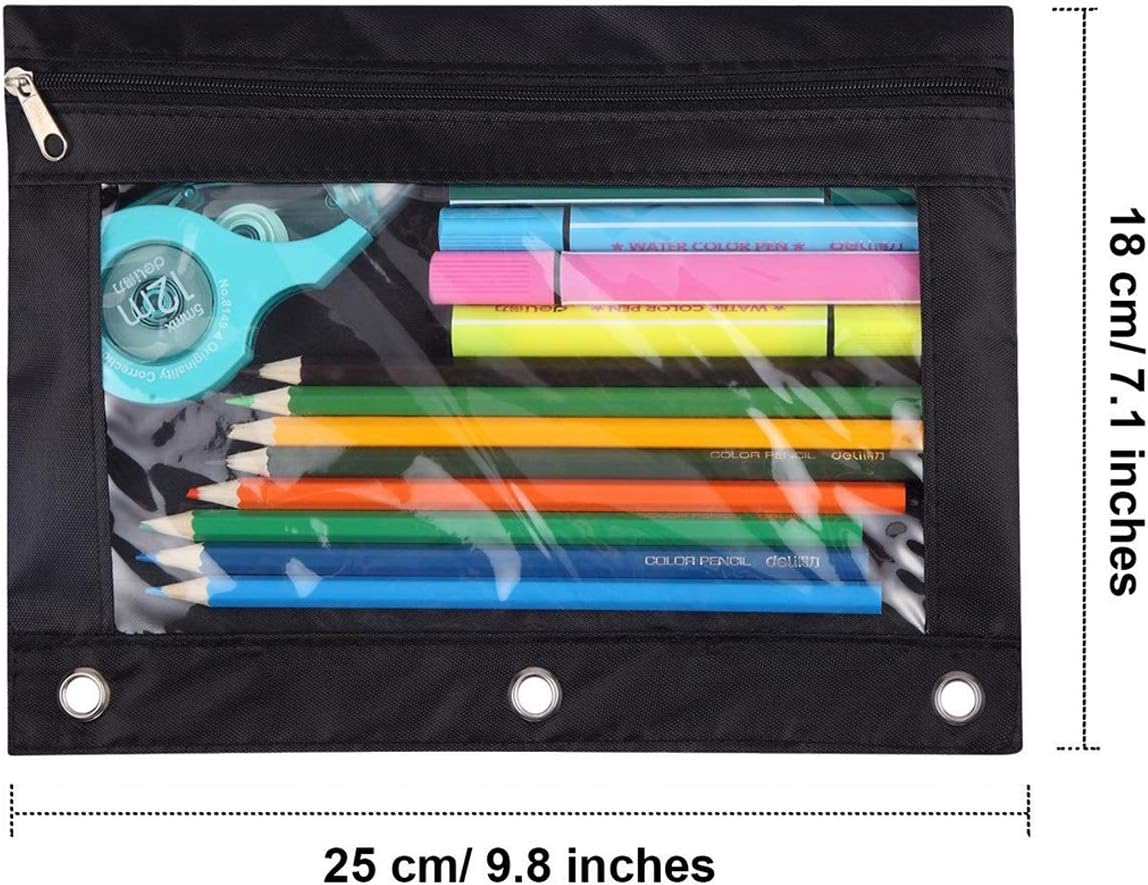 Estojo para lápis com 3 argolas, estojo para lápis com zíper, pasta para cosméticos, preto, pacote com 2 unidades 