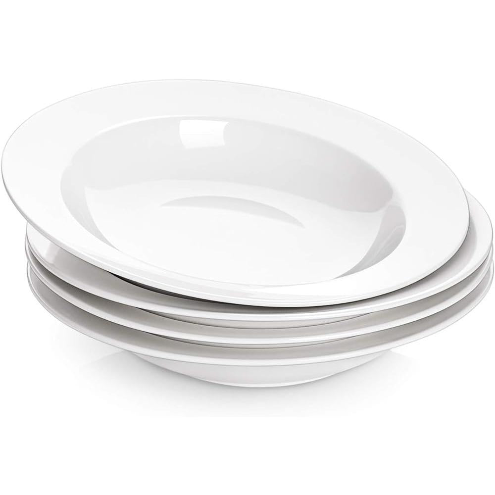 Soup Bowls, Pasta Bowls Plates, White Salad Bowls Set of 4, Porcelain Wide Rim Bowls, 20 Ounces, Microwave & Dishwasher Safe