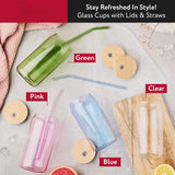 Pacote com 4 copos de vidro multicoloridos com tampas e canudos - copos para beber, copo de vidro com canudo e tampa, copos de café gelado, copos de café de vidro com tampas de bambu 