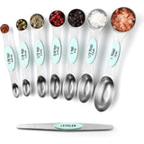 Set of 8 Magnetic Measuring Spoons Set with Strong N45 Magnets, Heavy Duty Stainless Steel Metal, Fits in Kitchen Spice Jars for Baking & Cooking, BPA Free, Multi-Color