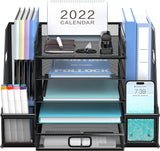 Mesh Desk Organizer with File Holder, 5-Tier Paper Letter Tray Organizer with Magazine Holder, Desktop Organizer and Storage with Drawer for Office Supplies Home or School, Black