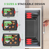 Non-Stick Kitchen Oven Baking Pans-Deluxe & Stylish Nonstick Gray Coating Inside Outside, Commercial Grade Restaurant Quality Metal Bakeware with Red Silicone Handles NCSBS3S, 3 Piece Set