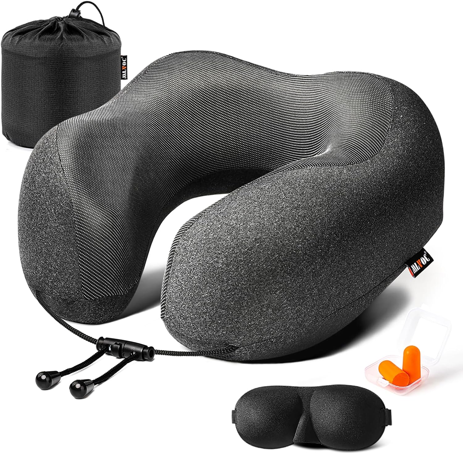 Travesseiro de viagem, travesseiro de pescoço de espuma viscoelástica pura, capa confortável e respirável, lavável à máquina, kit de viagem para avião com máscaras de olhos com contorno 3D, protetores auriculares e bolsa de luxo, padrão (preto) 