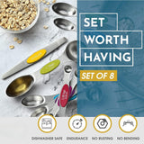Set of 8 Magnetic Measuring Spoons Set with Strong N45 Magnets, Heavy Duty Stainless Steel Metal, Fits in Kitchen Spice Jars for Baking & Cooking, BPA Free, Multi-Color