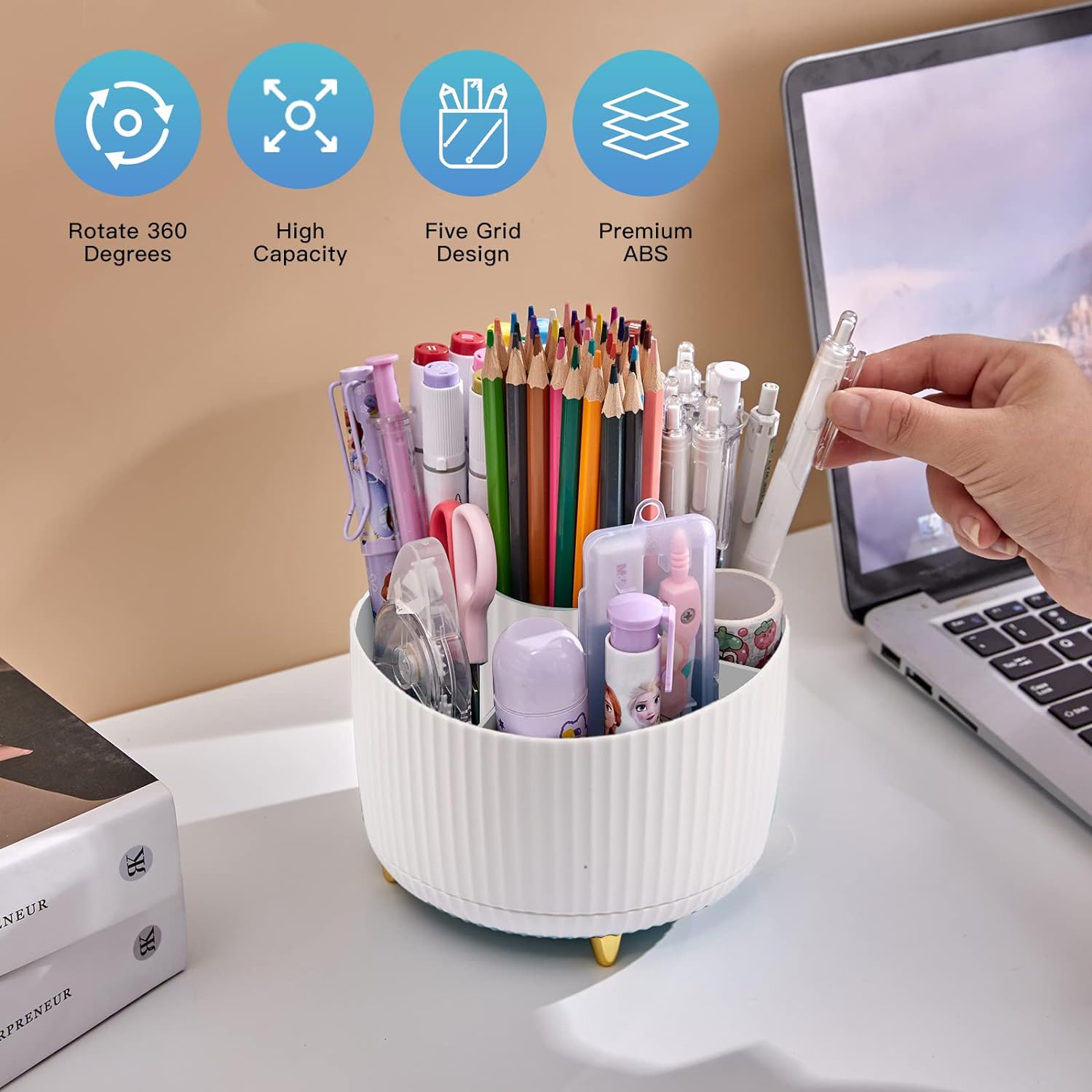 Porta-canetas para mesa, porta-lápis, 5 compartimentos, organizadores de mesa giratórios de 360° e acessórios, porta-canetas fofo para escritório, escola, casa, material de arte (branco) 
