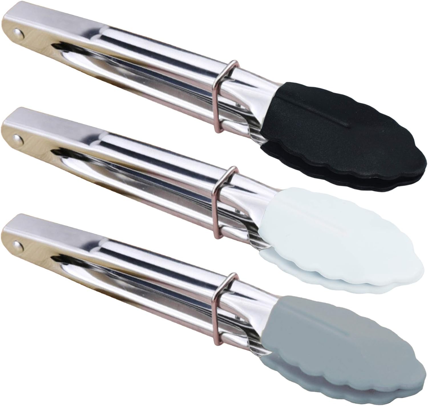 Mini pinças com pontas de silicone, pinças pequenas para servir de 7 polegadas, conjunto de 3 (preto, branco, cinza) 