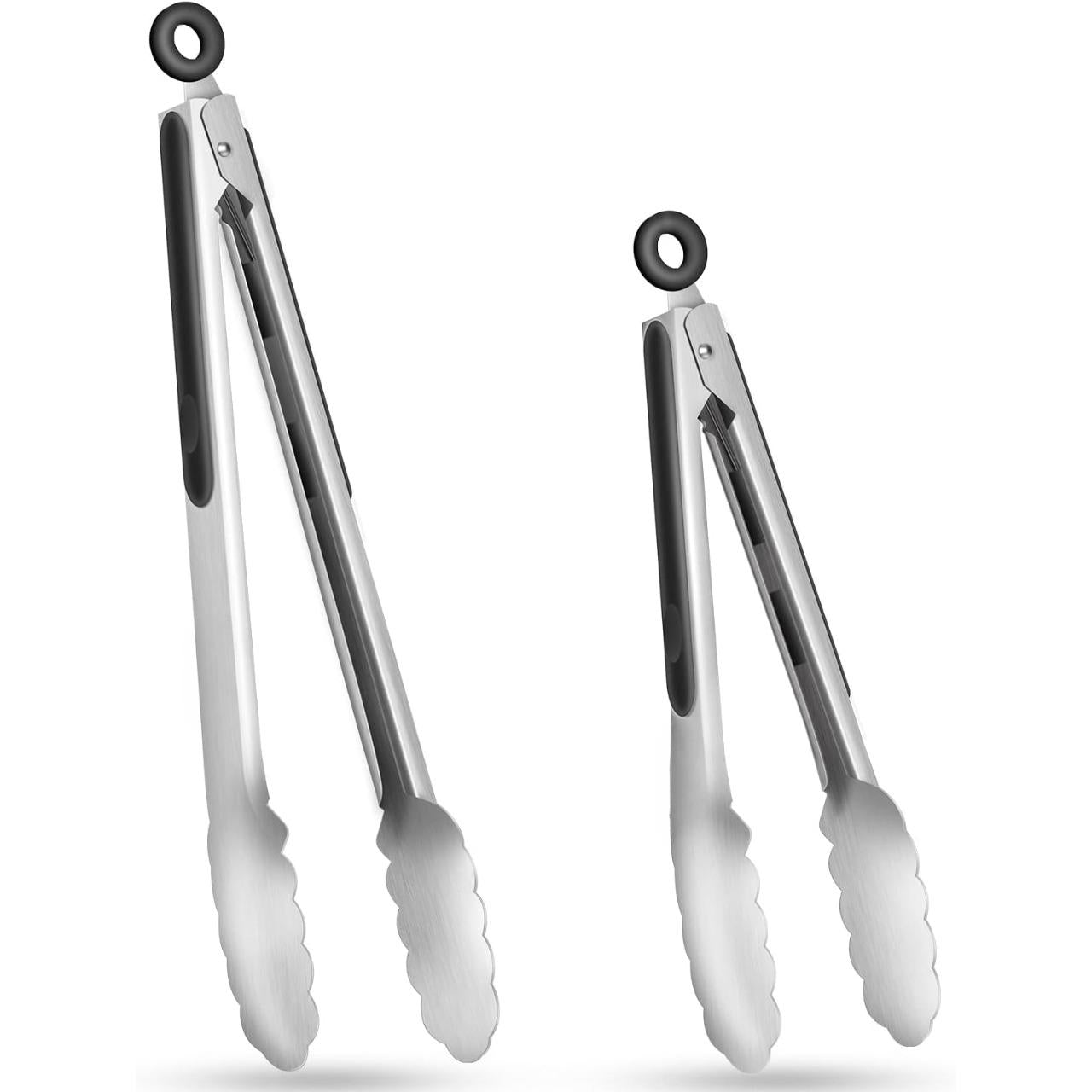 Conjunto de 2 pinças de cozinha de aço inoxidável - 9" e 12", pinças de metal para alimentos com trava e aderência antiderrapante 
