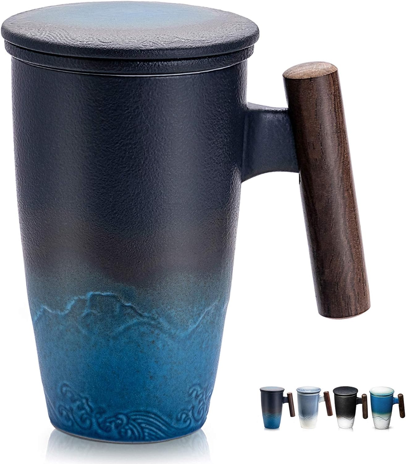 Tomotime Xícara de Chá de Cerâmica com Infusor e Tampa Canecas de Chá Alça de Madeira 400ml/13,5oz Preto ciano 