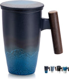 Tomotime Xícara de Chá de Cerâmica com Infusor e Tampa Canecas de Chá Alça de Madeira 400ml/13,5oz Preto ciano 