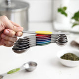 Set of 8 Magnetic Measuring Spoons Set with Strong N45 Magnets, Heavy Duty Stainless Steel Metal, Fits in Kitchen Spice Jars for Baking & Cooking, BPA Free, Multi-Color