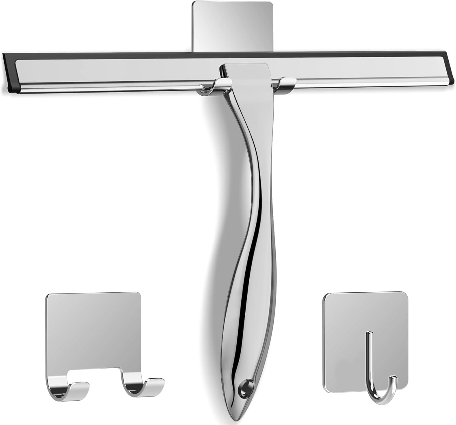 Paradigms Interiors All-Purpose Stainless Steel Shower Squeegee for Shower Glass Door with 2 Adhesive Hooks, Bathroom Cleaner Tool Household Window Mirror Squeegee , Cleaning Tile Wall, Car, 10 Inch Silver