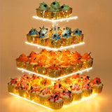 Suporte para cupcakes de 4 camadas, torre de acrílico com luz LED, suporte premium, torre de árvore de sobremesa para decoração de bar, casamentos, festas e eventos (luz amarela) 