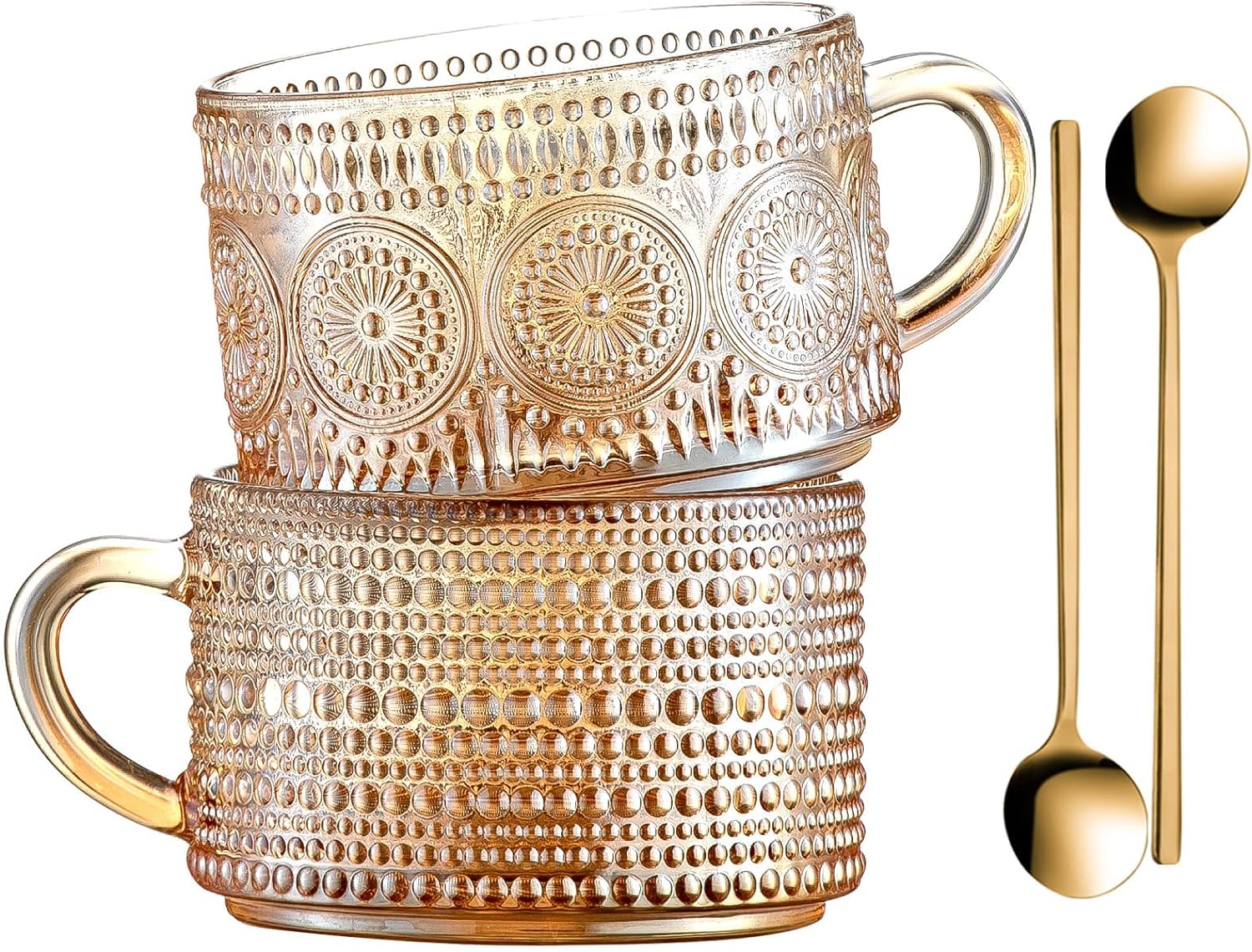 Canecas de café vintage 14 oz conjunto de 2 xícaras de chá de vidro âmbar em relevo para cappuccino, latte, cereal, iogurte, bebida, presentes de Natal e Dia de Ação de Graças 