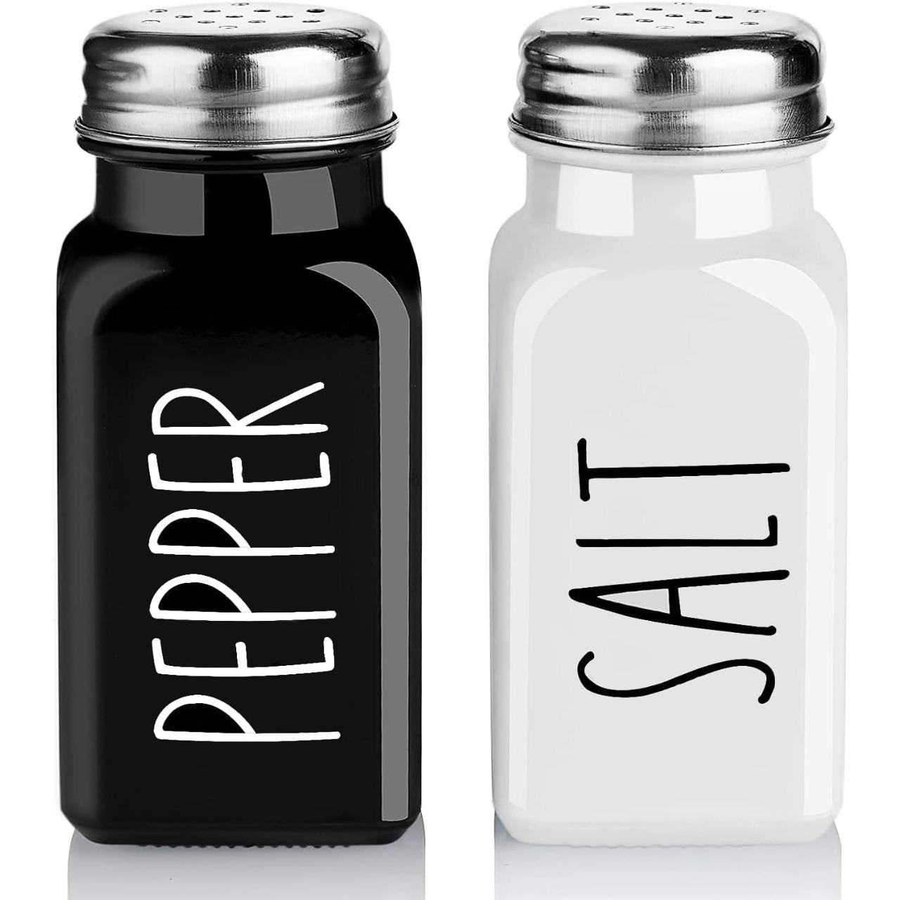 Salt and Pepper Shakers Set, Cute Glass Spice Shaker with Stainless Steel Lid, Black and White Kitchen Table Decor and Accessories for Counter, for Kitchen Wedding Gifts, 2.7oz Each