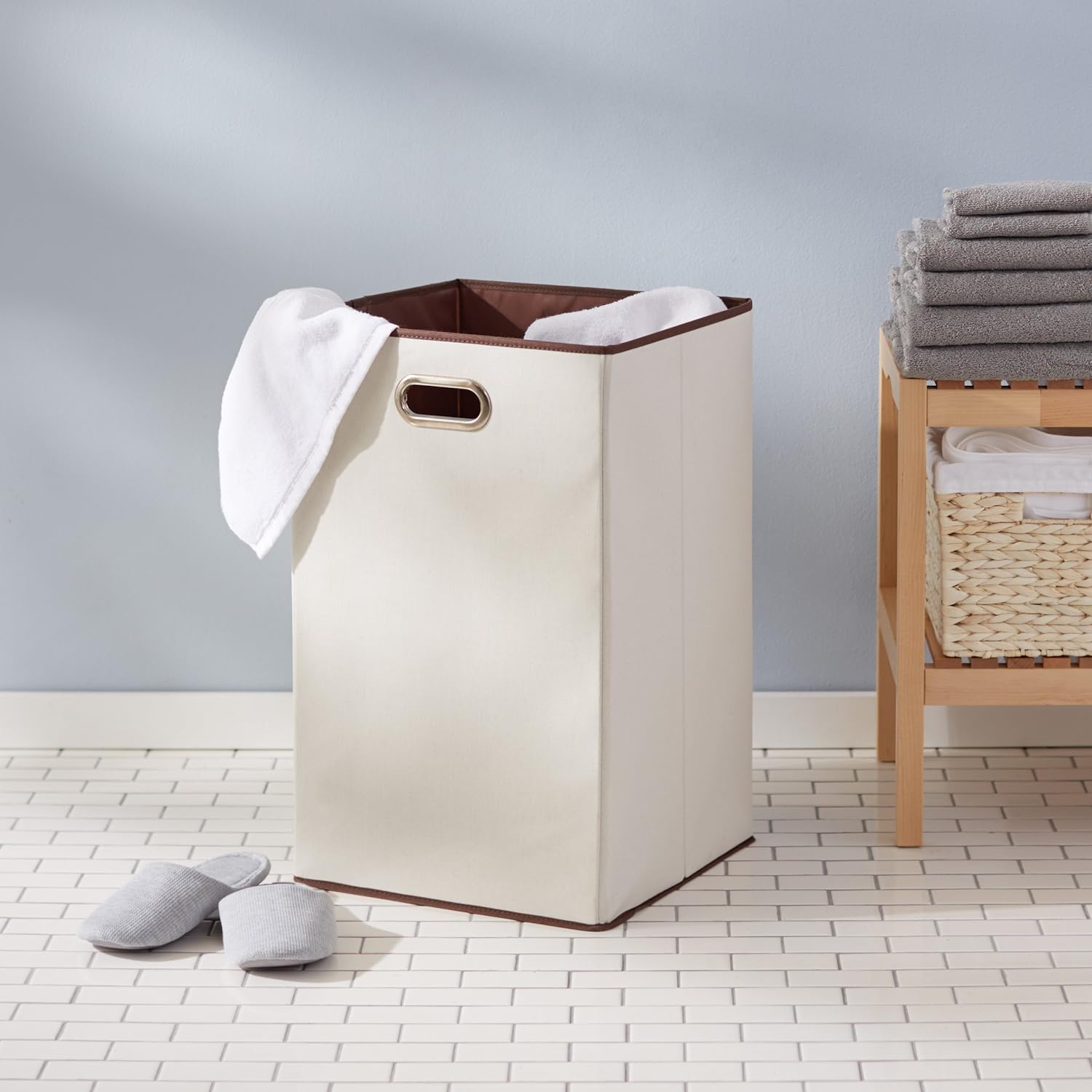 Rectangular Foldable Laundry Basket Hamper, Beige,Brown