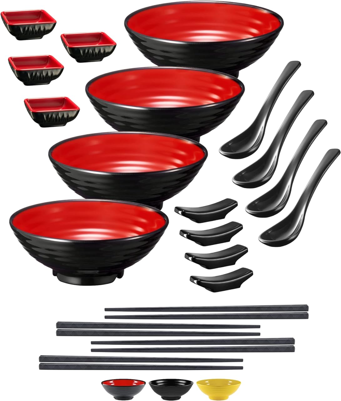 Unbreakable Ramen Bowl Set with Chopsticks and Spoon: 2 large Japanese Style Melamine Ramen Bowls, Dipping Bowls and Chopstick Stands for Asian Pho Soup Thai Miso Udon Wonton (2 Bowl Set, Red-Black)