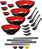 Unbreakable Ramen Bowl Set with Chopsticks and Spoon: 2 large Japanese Style Melamine Ramen Bowls, Dipping Bowls and Chopstick Stands for Asian Pho Soup Thai Miso Udon Wonton (2 Bowl Set, Red-Black)