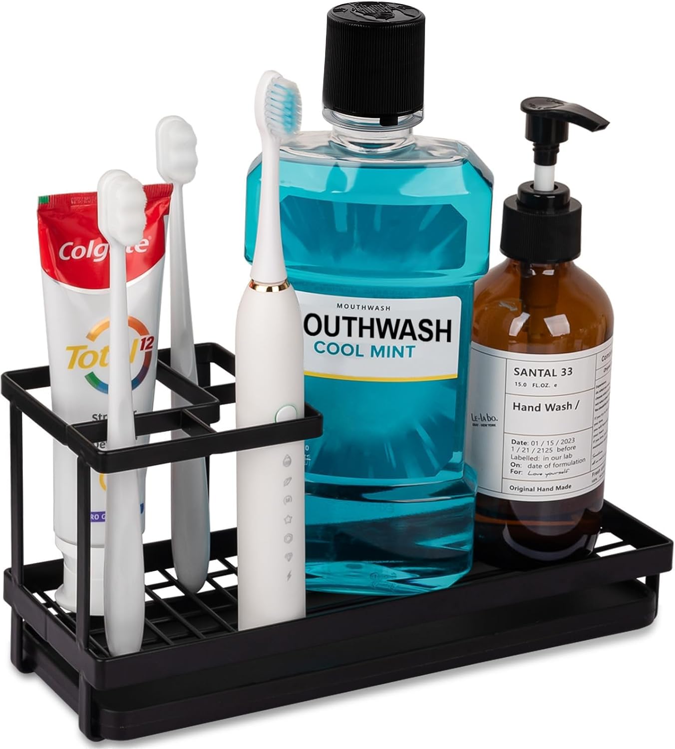 Paradigms Interiors Toothbrush Holders for Bathrooms, Carbon Steel Tooth Brushing Holder Electric Toothbrush and Toothpaste Organizer Bathroom Accessories for Countertop, Shower, Sink - Matte Black