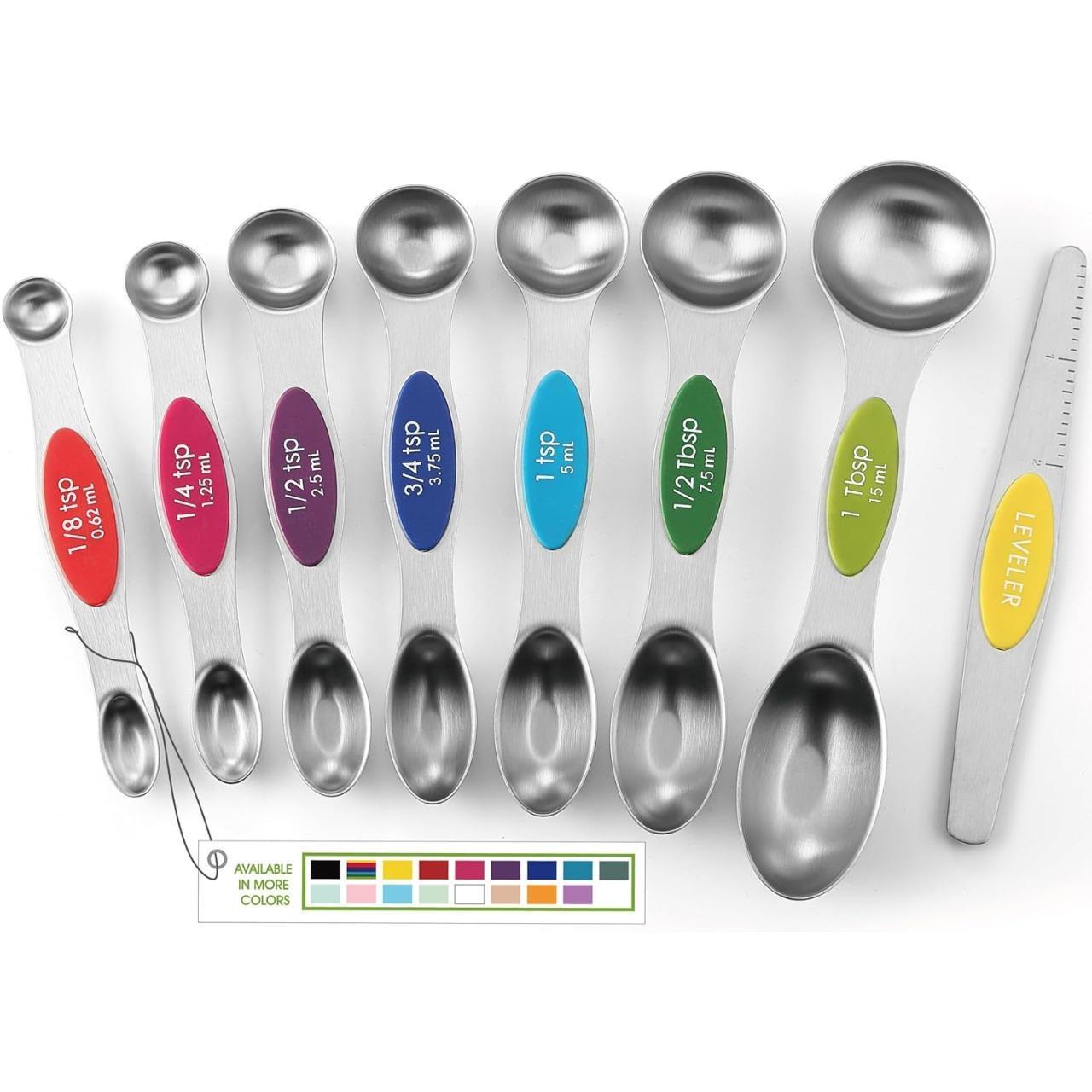 Set of 8 Magnetic Measuring Spoons Set with Strong N45 Magnets, Heavy Duty Stainless Steel Metal, Fits in Kitchen Spice Jars for Baking & Cooking, BPA Free, Multi-Color