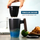 Tomotime Xícara de Chá de Cerâmica com Infusor e Tampa Canecas de Chá Alça de Madeira 400ml/13,5oz Preto ciano 