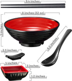 Unbreakable Ramen Bowl Set with Chopsticks and Spoon: 2 large Japanese Style Melamine Ramen Bowls, Dipping Bowls and Chopstick Stands for Asian Pho Soup Thai Miso Udon Wonton (2 Bowl Set, Red-Black)