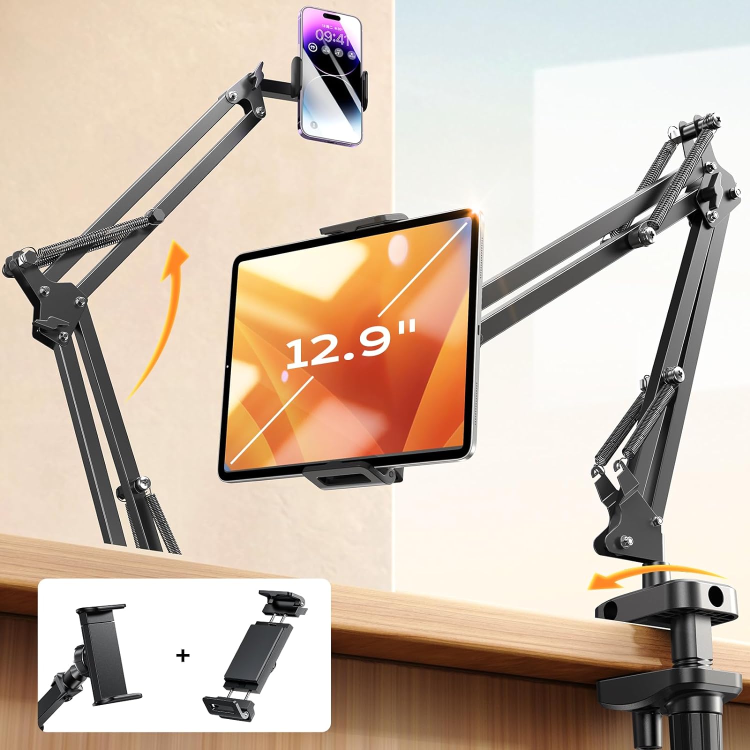 Suporte para tablet Suporte para telefone Suporte para iPad para montagem na mesa [Ultra durável] 2 grampos Suporte para tablet para telefone Suporte para tablet Suporte para telefone se encaixa no telefone 15 Pro Pad 4-13" Dispositivo 