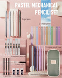 39 PCS School Supplies with Big Capacity Pen Case, 12 Colors Chisel Tip Cute Highlighters, 5 Quick Dry Retractable Black Ink Pens, 6 Pastel Mechanical Pencil 0.5 & 0.7 mm for Students