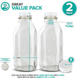 Garrafas de vidro para leite de um litro (pacote com 2) - potes de leite de 32 onças com tampas - garrafas de vidro de qualidade alimentar - laváveis ​​na máquina de lavar louça - garrafas para leite, leitelho, mel, xarope de bordo, geleia, molho barbecue 