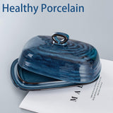 Porcelain Butter Dish with Lid, Covered Butter Container with Handle Design for Countertop, Blue