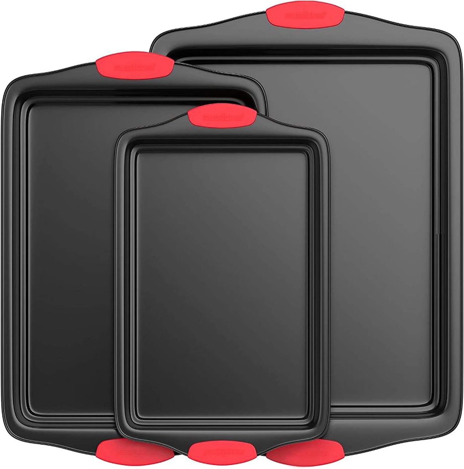 Non-Stick Kitchen Oven Baking Pans-Deluxe & Stylish Nonstick Gray Coating Inside Outside, Commercial Grade Restaurant Quality Metal Bakeware with Red Silicone Handles NCSBS3S, 3 Piece Set