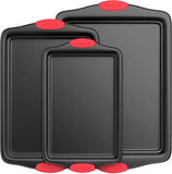 Non-Stick Kitchen Oven Baking Pans-Deluxe & Stylish Nonstick Gray Coating Inside Outside, Commercial Grade Restaurant Quality Metal Bakeware with Red Silicone Handles NCSBS3S, 3 Piece Set