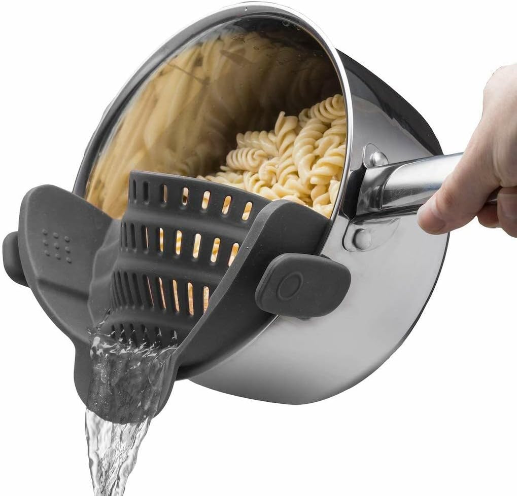 Pot Strainer & Pasta Strainer - Adjustable Silicone Clip On Strainer for Pots, Pans, & Bowls- Kitchen Gadgets, Noodle Strainer, Food Strainer, Kitchen Gifts for Women, Gray