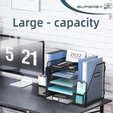 Mesh Desk Organizer with File Holder, 5-Tier Paper Letter Tray Organizer with Magazine Holder, Desktop Organizer and Storage with Drawer for Office Supplies Home or School, Black