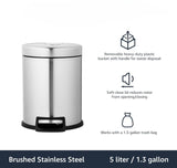 Round Cylindrical Soft-Close Small Trash Can With Foot Pedal, 5 Liter/1.3 Gallon, Brushed Stainless Steel
