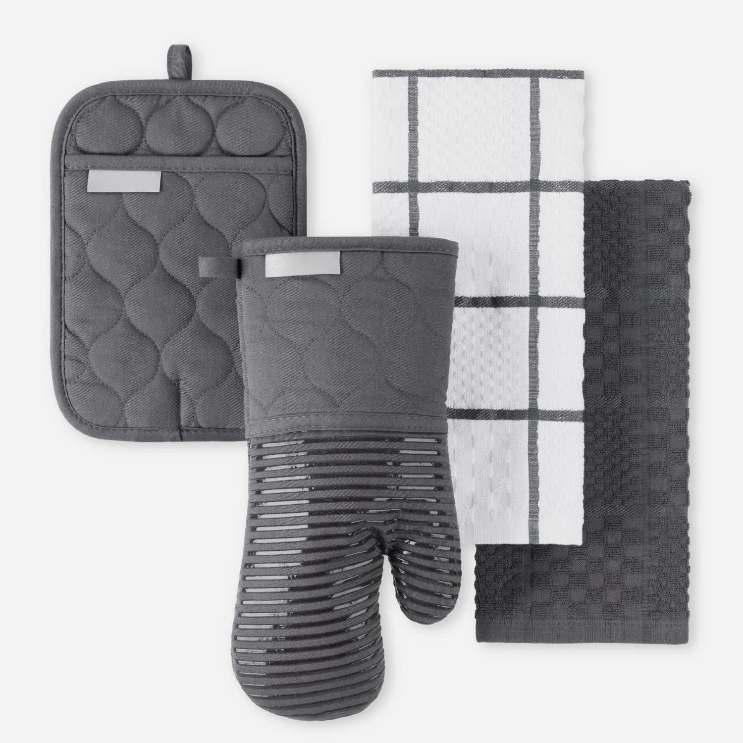 Conjunto de toalha de cozinha, luva de forno e pegador de panela Onion Quilt, cinza carvão