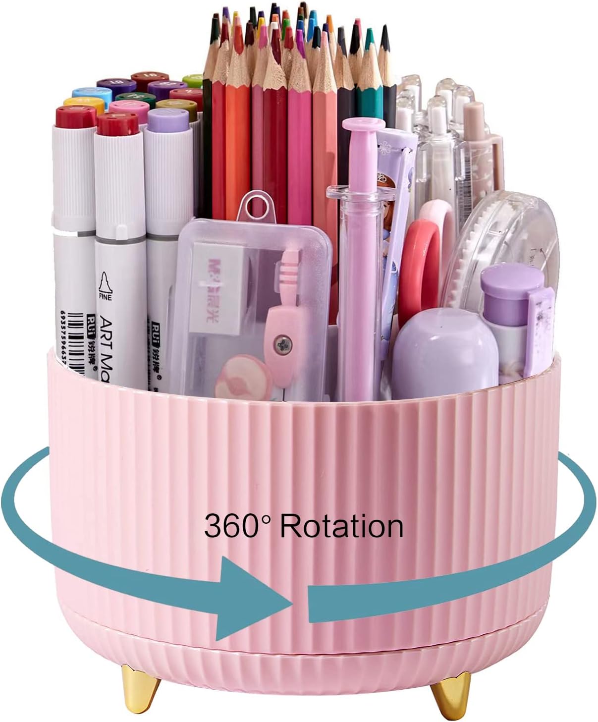 Porta-canetas para mesa, porta-lápis, 5 compartimentos, organizadores de mesa giratórios de 360° e acessórios, porta-canetas fofo para escritório, escola, casa, material de arte (branco) 