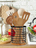 Suporte para utensílios de cozinha Suporte para utensílios grande com base de madeira e suporte de metal preto fosco, soluções de armazenamento para cozinha/armazenamento de itens pequenos 