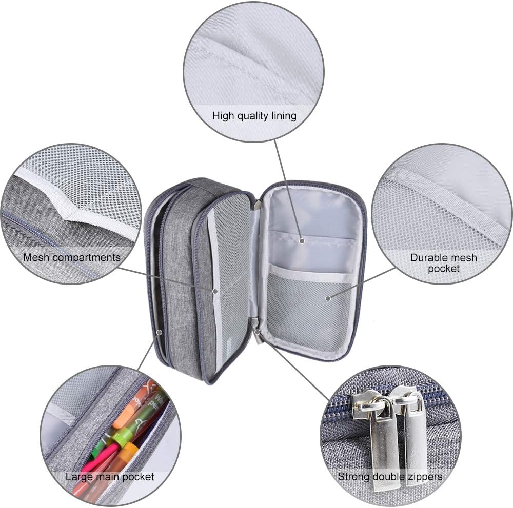 Estojo de lápis de grande capacidade, bolsa grande para lápis, 3 compartimentos, estojo para caneta, bolsa de maquiagem para adultos, material de escritório, organizador de papelaria, cinza 